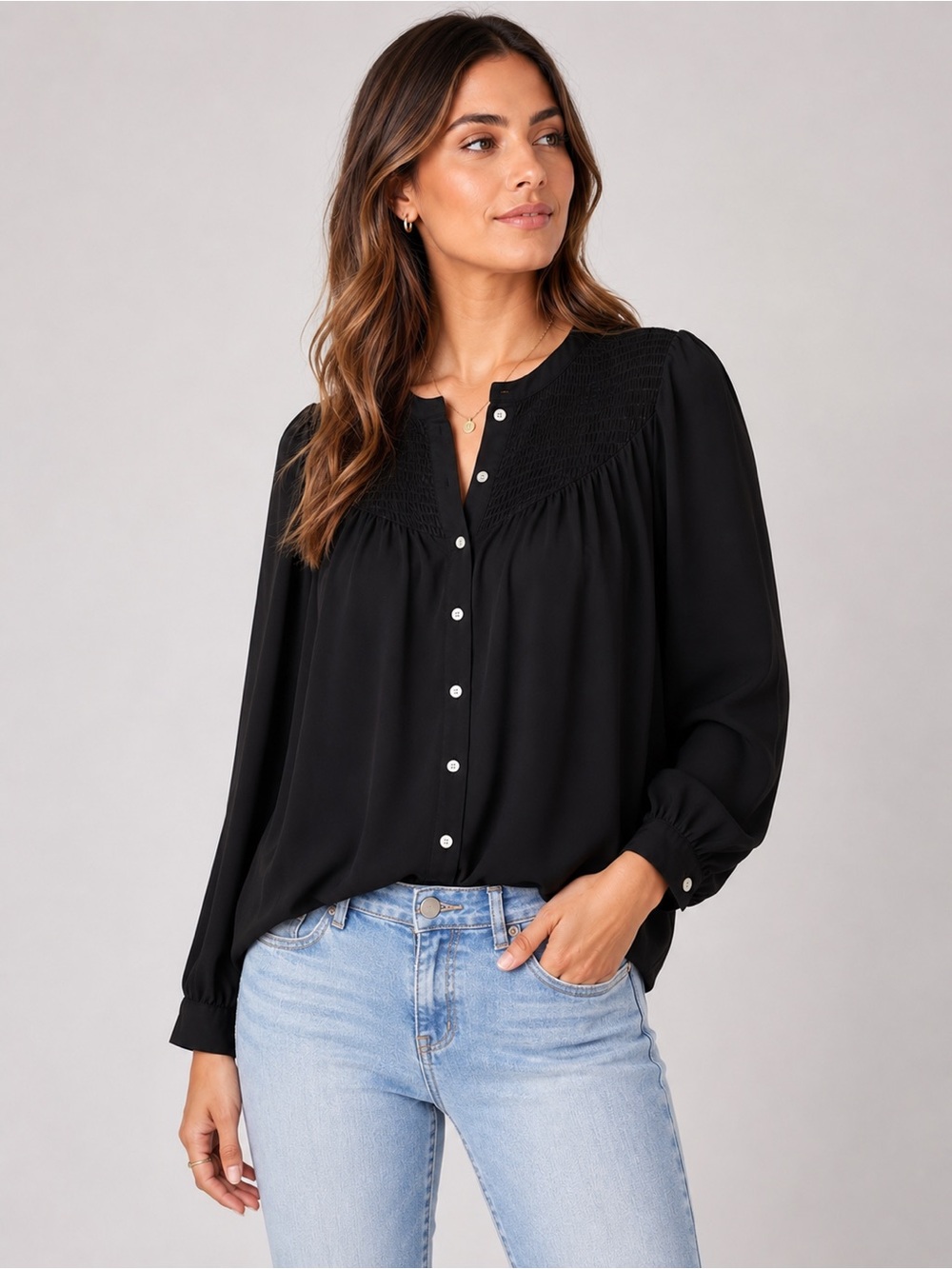 Nanette Lepore Black Smocked Yoke Blouse | Boho Peasant Top | Size M